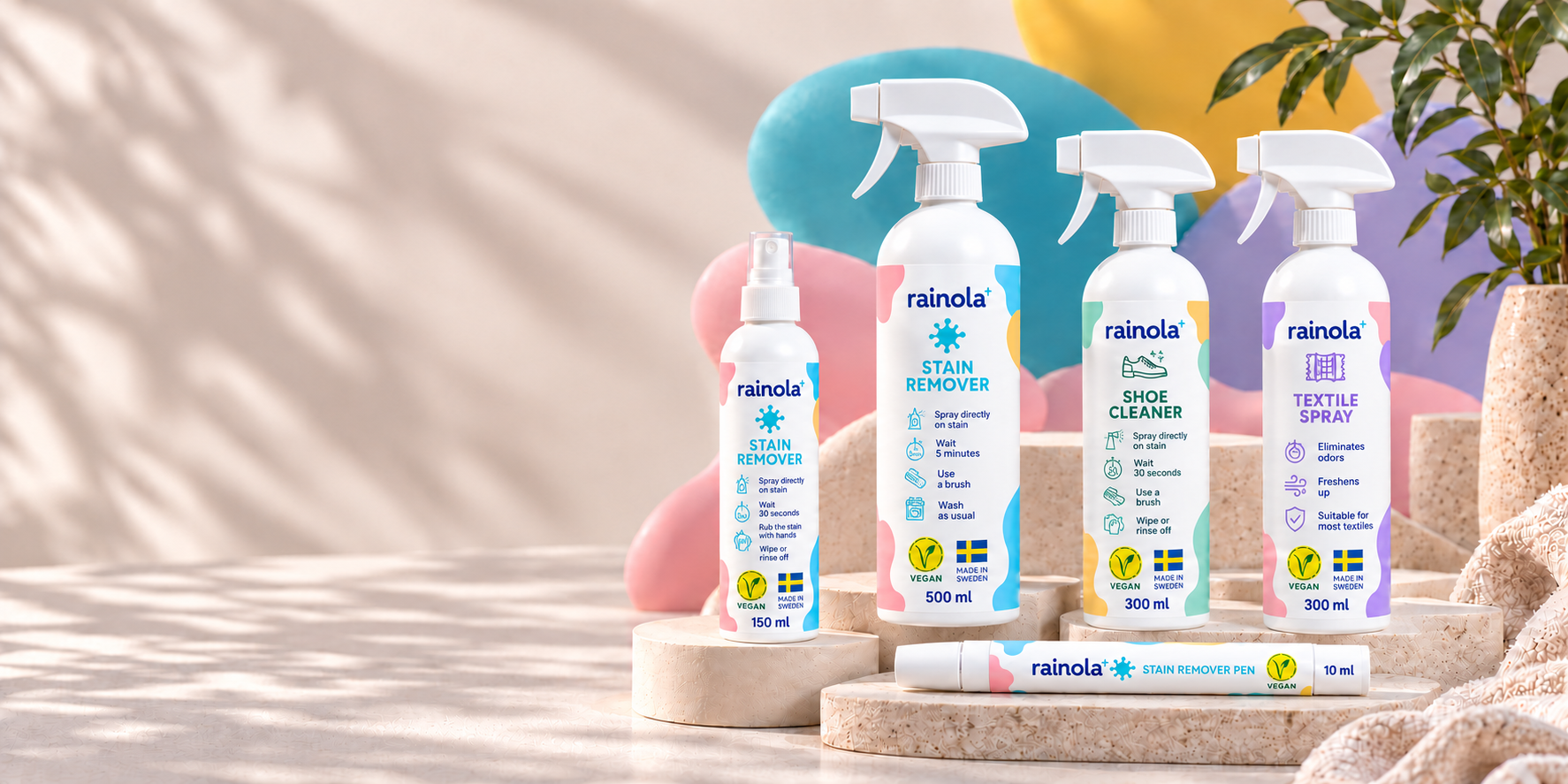 The Rainola range: Stain Remover 150 ml, Stain Remover 500 ml, Shoe Cleaner 300 ml, Textile Spray 300 ml and Stain Remover Pen 10 ml
