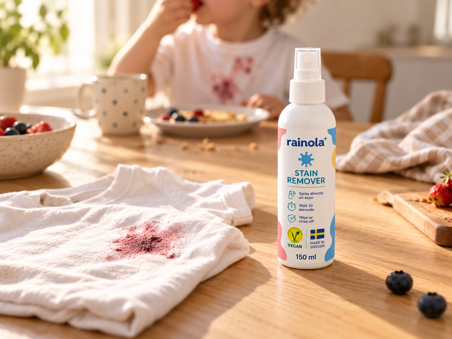 Rainola Stain Remover 150 ml on a wooden kitchen table next to a stained white shirt